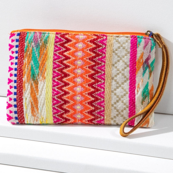 Handmade Hand Beaded Wristlet Clutch - Ethnic Inspired Motive - Dyed Fine Cotton - Picture 2 of 4